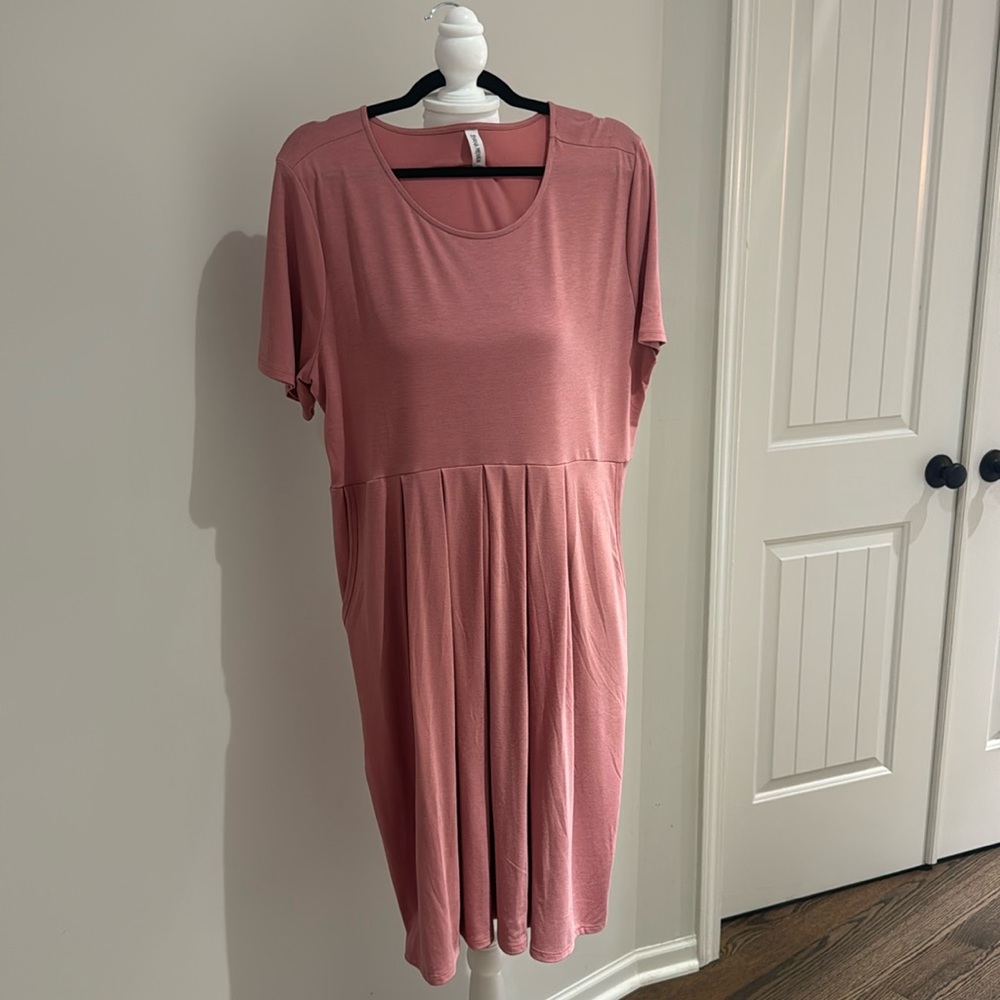 Rose Pink Knit Dress with Pockets 3X